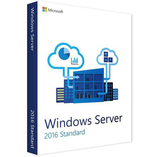 Microsoft Windows Server 2016 Standard retail box with cloud and building graphic Windows Server 2016 Standard 16 core license