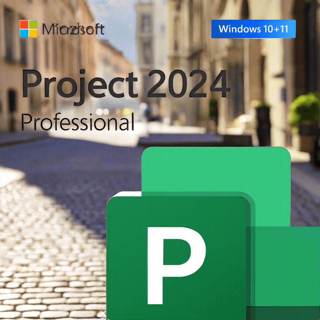 Microsoft Project 2024 Professional license product cover showing green P icon, Windows 10 11 badge