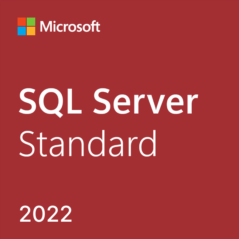 Microsoft SQL Server 2022 Standard license product cover showing Microsoft logo on red background