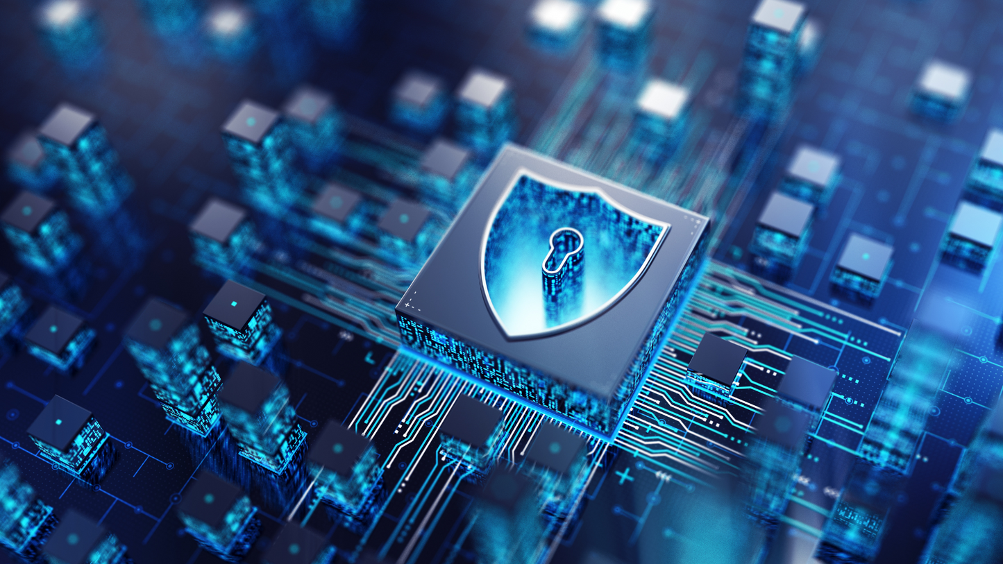 Microsoft SQL Server 2022 Standard concept image showing secure microchip with shield icon on blue circuit board