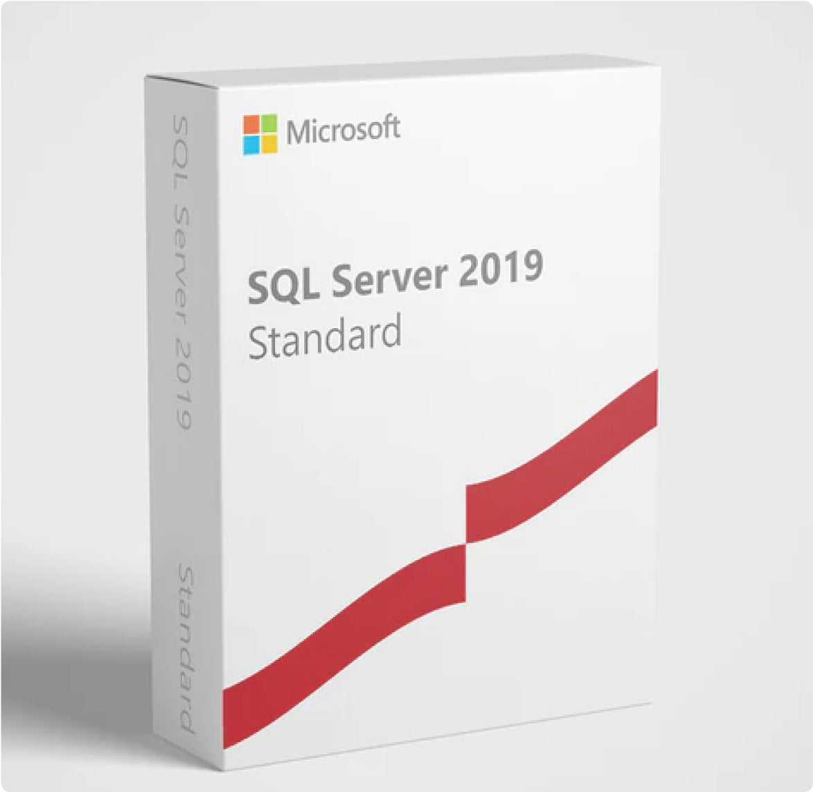 White retail box showing Microsoft SQL Server 2019 Standard with red ribbon design by Microsoft Microsoft SQL Server 2022 Standard
