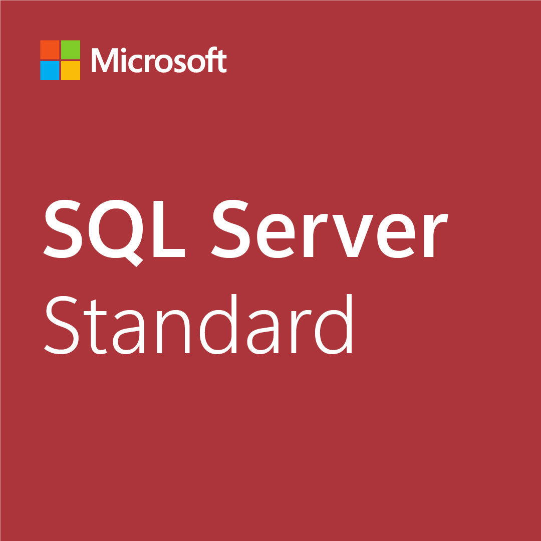 Microsoft SQL Server Standard license product image with Microsoft logo on red background and SQL Server text