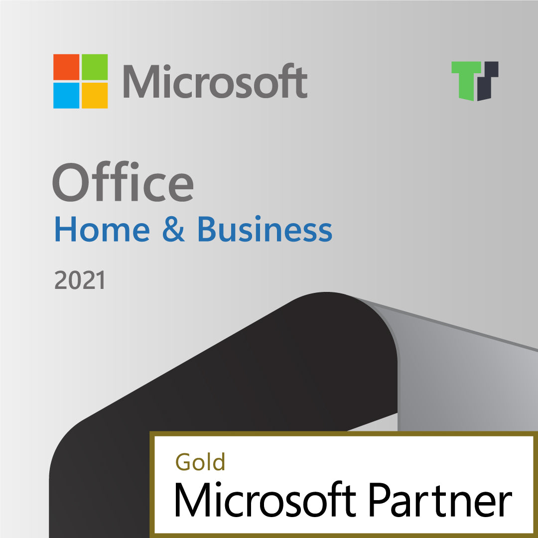 Microsoft Office Home and Business 2021 packaging with Microsoft Partner Gold badge and logo for Microsoft Office 2021 for Mac