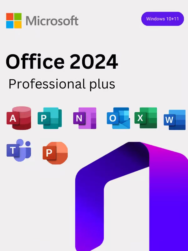 Microsoft Office 2024 Pro Plus license product cover showing Microsoft logo app icons and purple ribbon