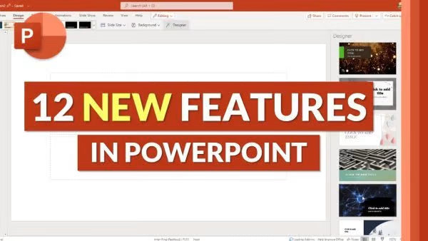 Microsoft Office 2024 Pro Plus license product image showing PowerPoint slide highlighting 12 new features in PowerPoint interface