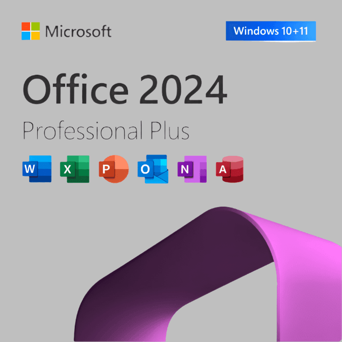Microsoft Office 2024 Pro Plus license product image showing Office 2024 Professional Plus title Windows badge and app icons