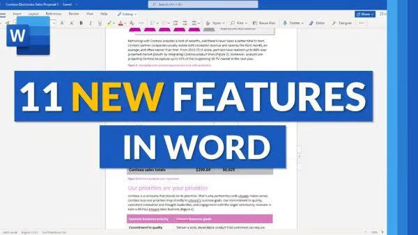 Screenshot of Microsoft Word interface with 11 new features banner Microsoft Office 2024 Pro Plus license from gnewnetworks
