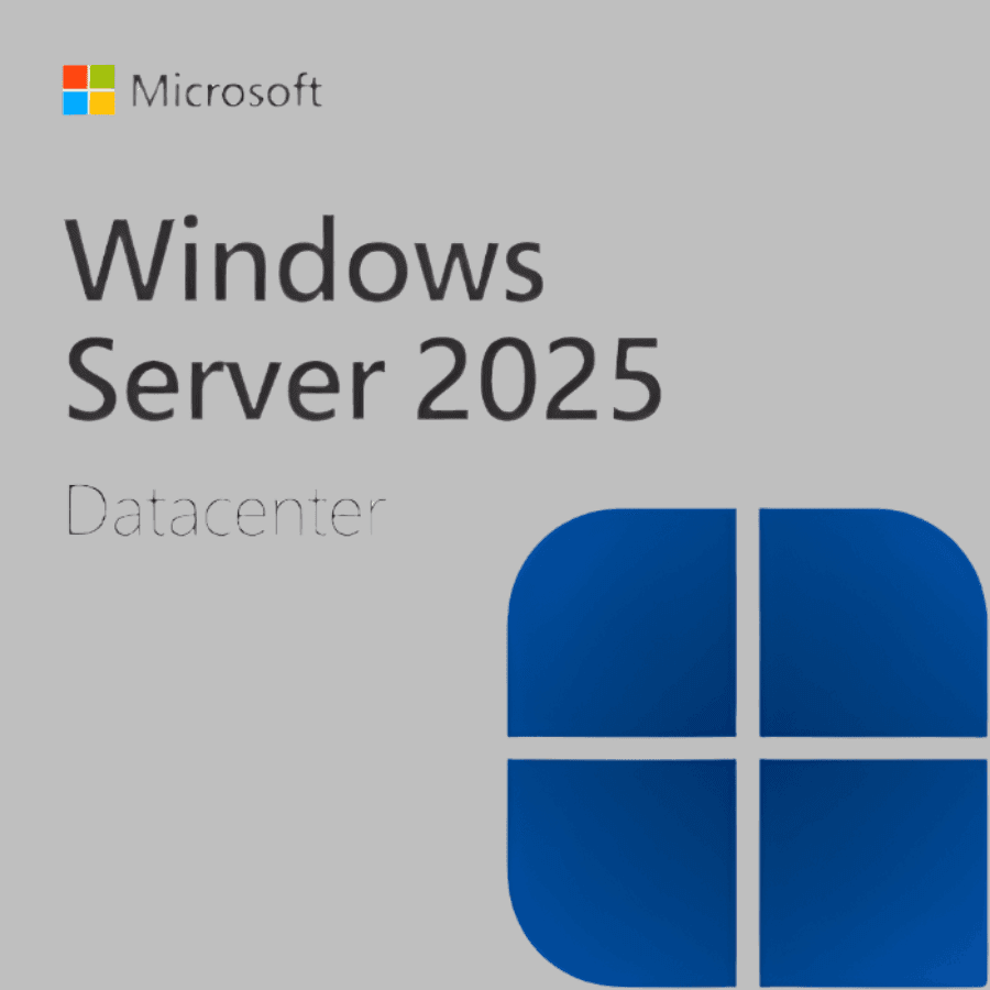 Microsoft Windows Server 2025 Datacenter product box front with blue Windows logo buy Windows Server Datacenter 2025
