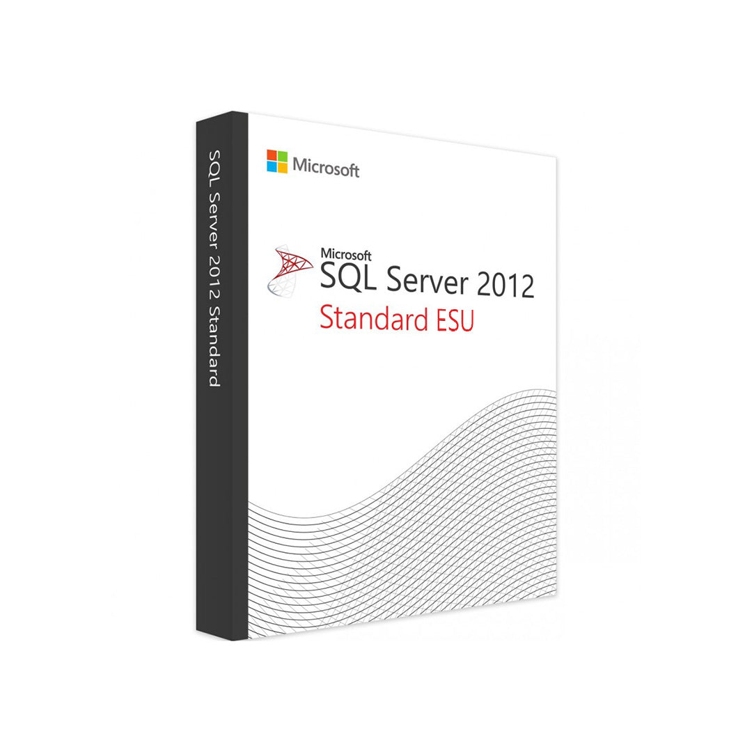 Microsoft boxed packaging for SQL Server 2012 Standard ESU Year 2 license. White box with Microsoft logo and wave design