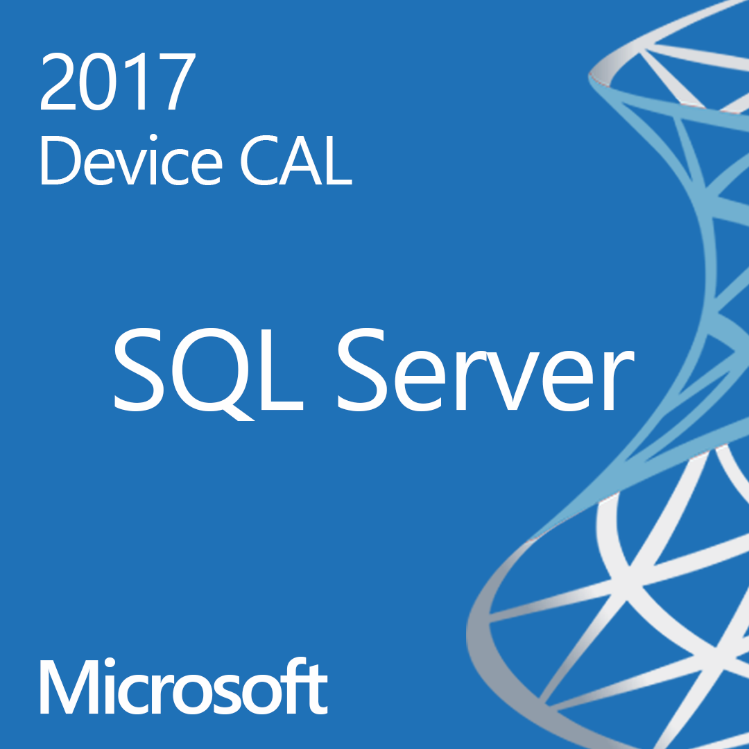 Microsoft SQL Server 2017 Device CAL product cover art in blue with Microsoft logo and abstract network design