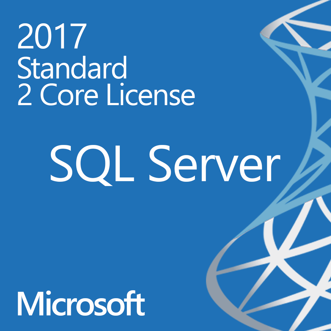 SQL Server 2017 Standard 2 Core license product cover art with blue Microsoft branding and SQL Server logo