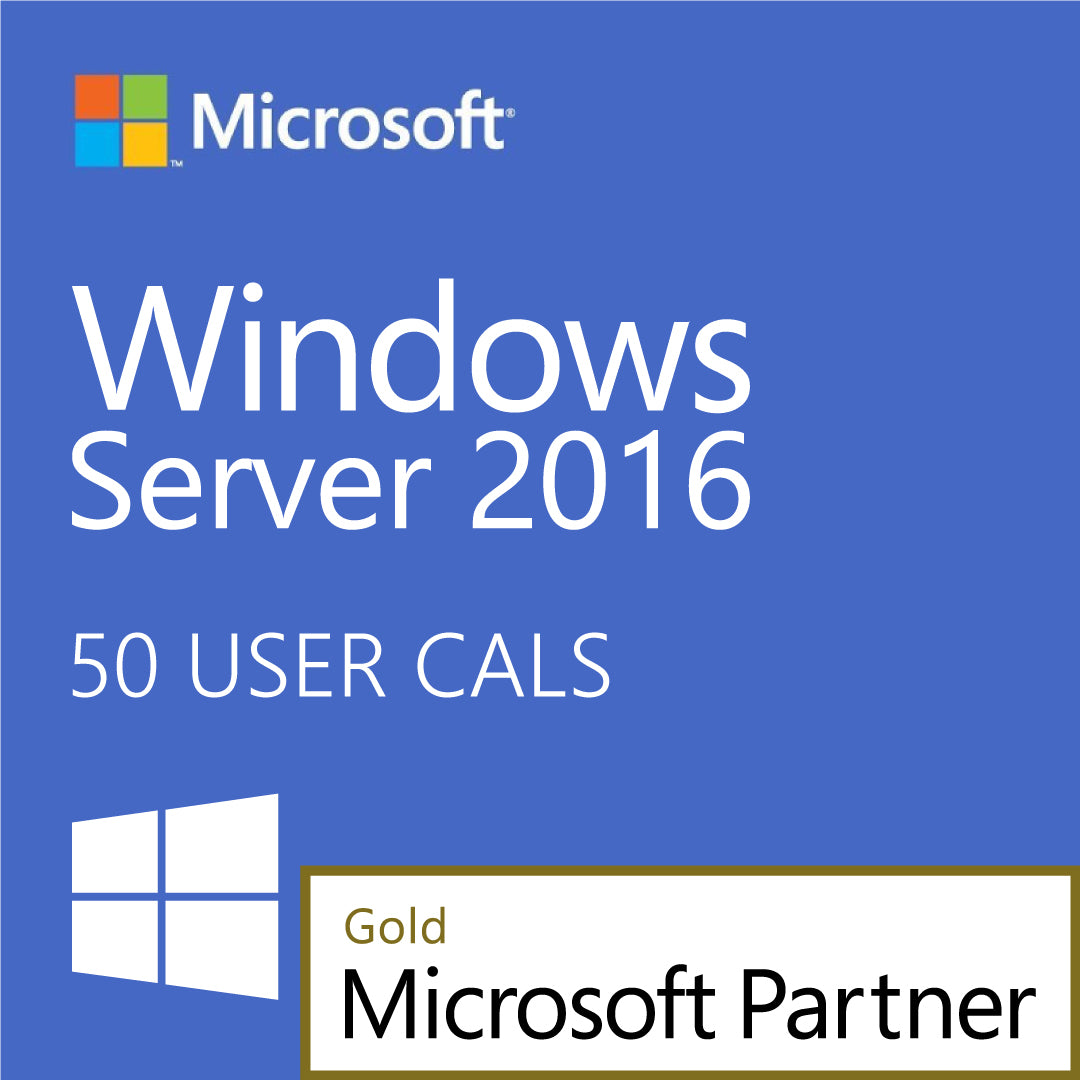 Microsoft Windows Server 2016 50 User CALs product cover with Microsoft logo and Gold Microsoft Partner badge