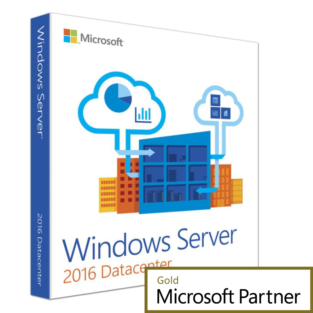 Microsoft software box showing cloud and datacenter illustration on Windows Server 2016 Datacenter license