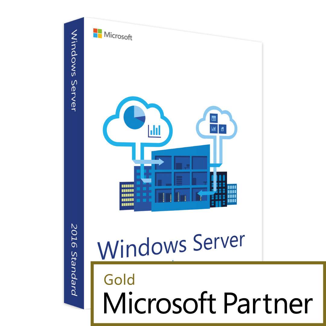 Microsoft Windows Server 2016 Standard 16 Core license packaging featuring cloud and data icons