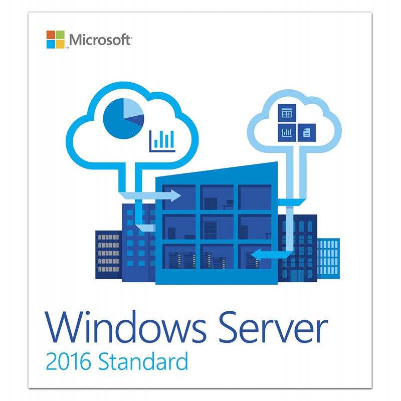Microsoft Windows Server 2016 Standard 24 Core license box design with cloud and data graphics