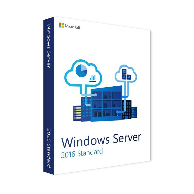 Microsoft Windows Server 2016 Standard license software box with cloud and datacenter icons for businesses