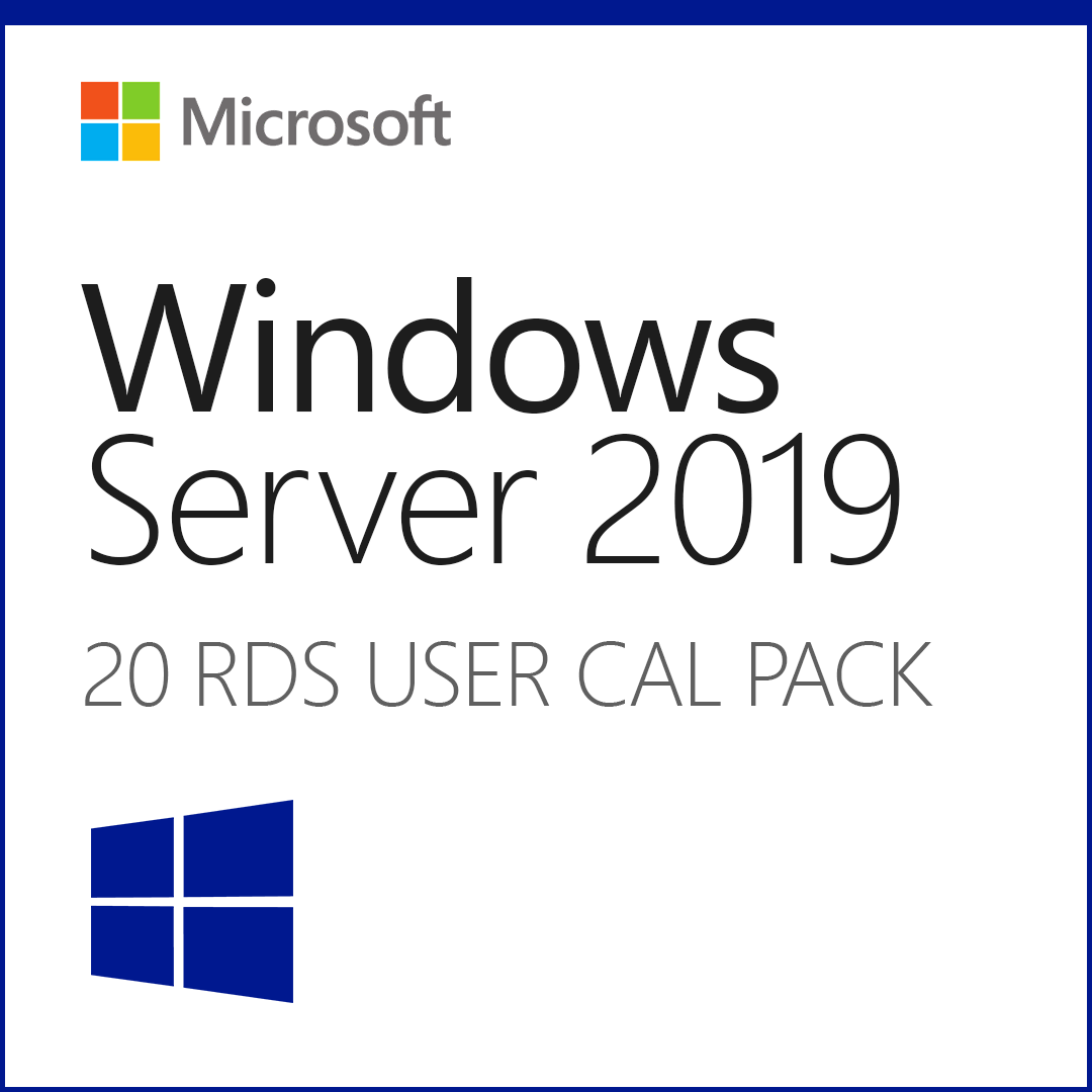 Microsoft Windows Server 2019 product box image showing 20 RDS user CAL pack and Windows logo Windows Server 2019 20 User CAL.