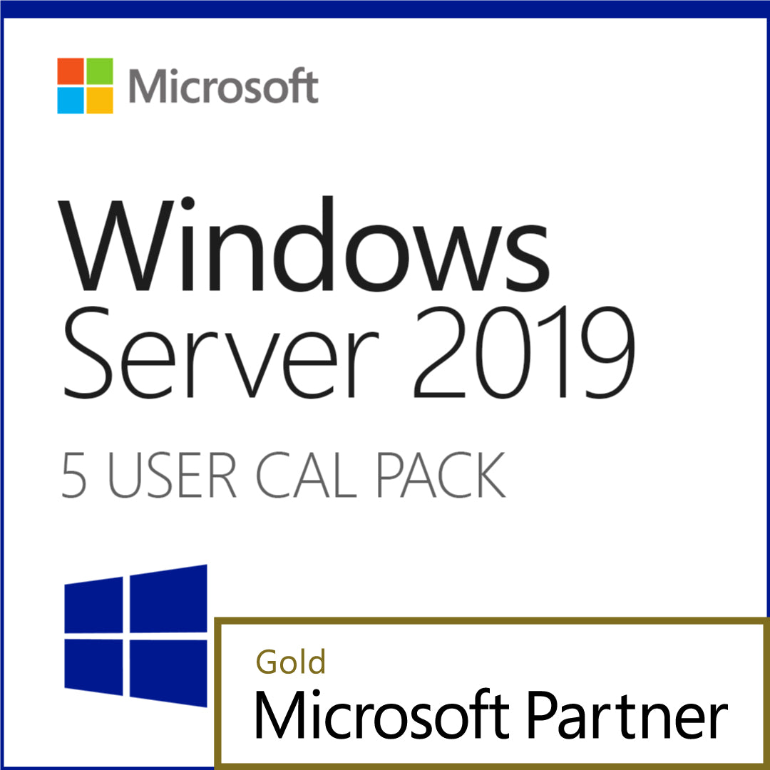 Microsoft Windows Server 2019 5 User CAL. product box showing 5 User CAL pack and Gold Microsoft Partner badge