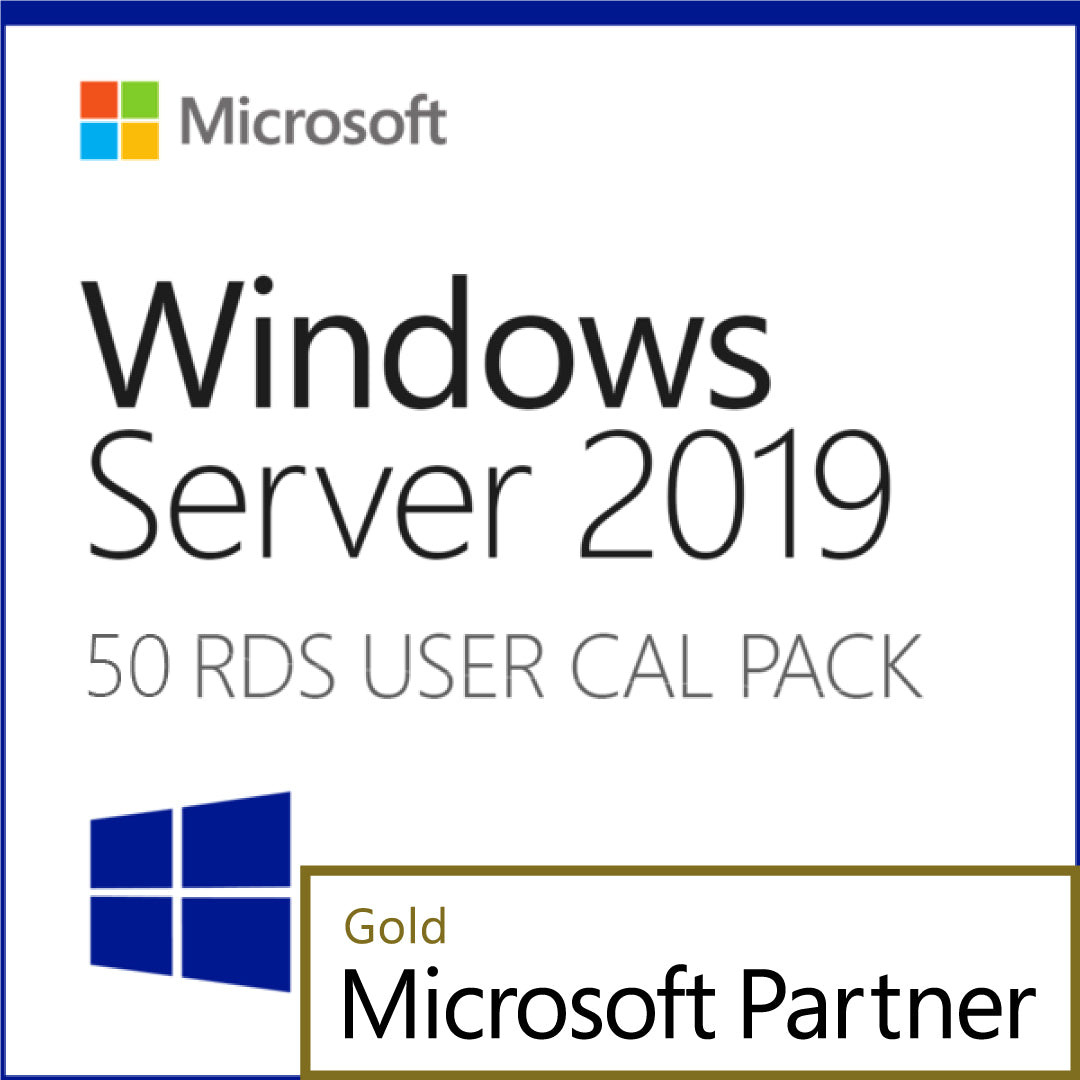 Windows Server 2019 Remote Desktop 50 CALs product box image showing Microsoft logo and Gold Partner badge