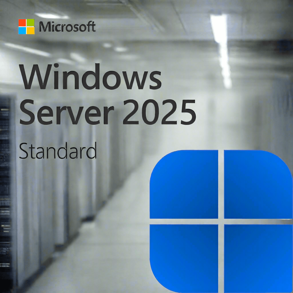 Microsoft Windows Server 2025 Standard box with blue Windows logo and server rack corridor Windows Server 2025 download