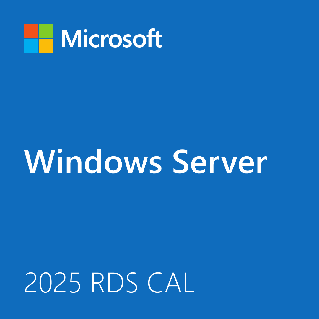 Microsoft logo and Windows Server cover on blue background showing branding and license text Windows Server 2025 RDS CAL
