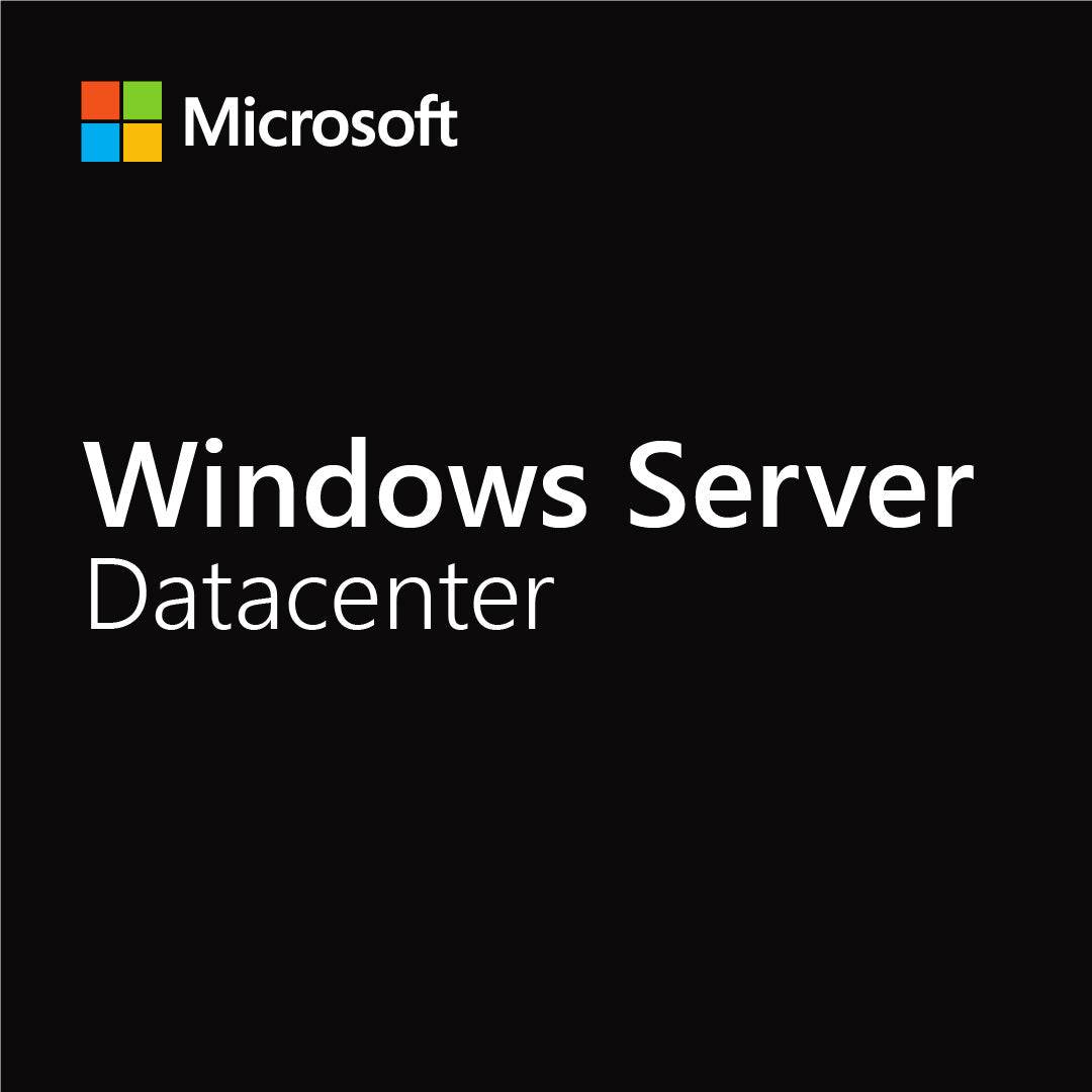 Microsoft Windows Server Datacenter 16 core license box with logo and product name