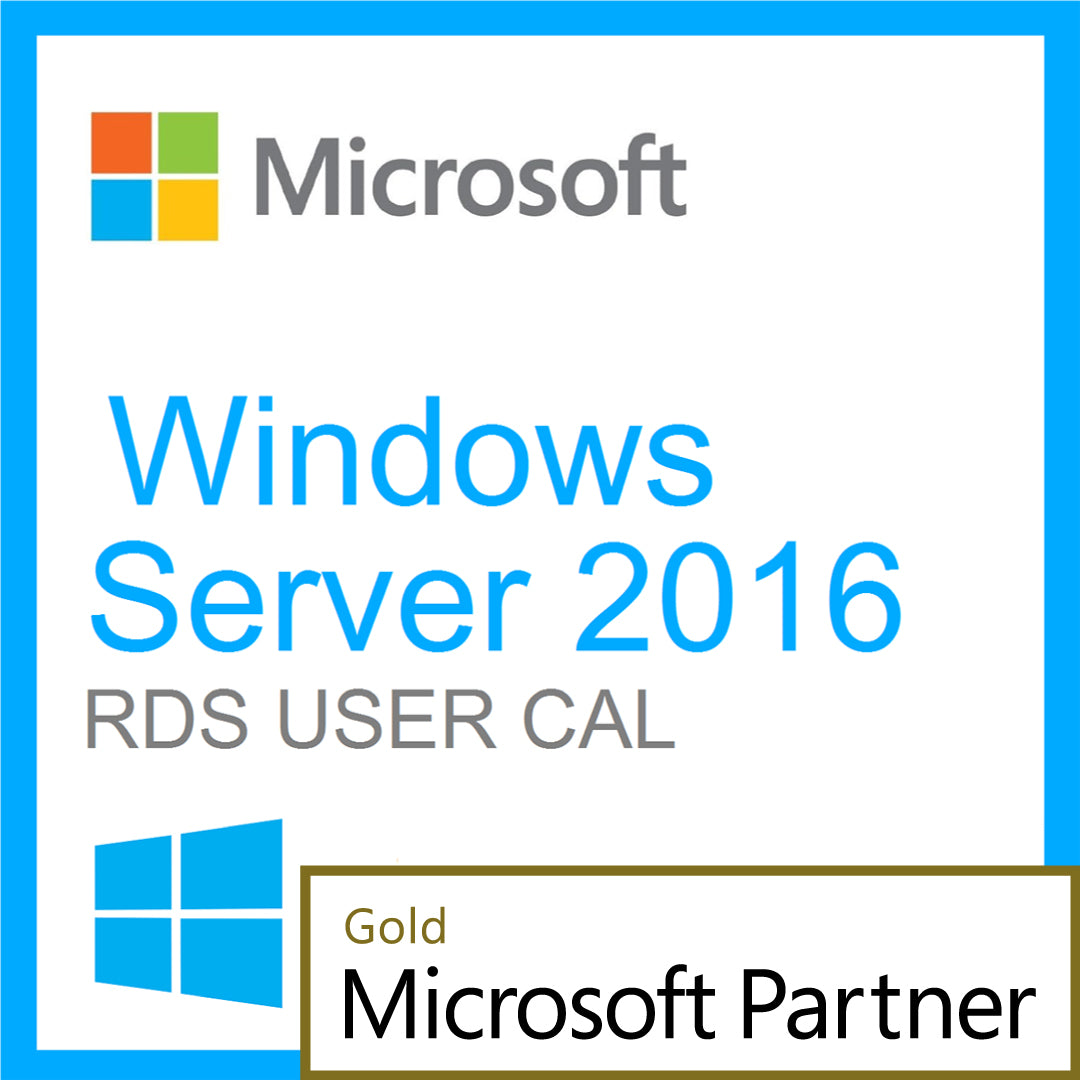 Microsoft Windows Server 2016 Remote Desktop CAL product image showing RDS User CAL label and Microsoft Partner badge