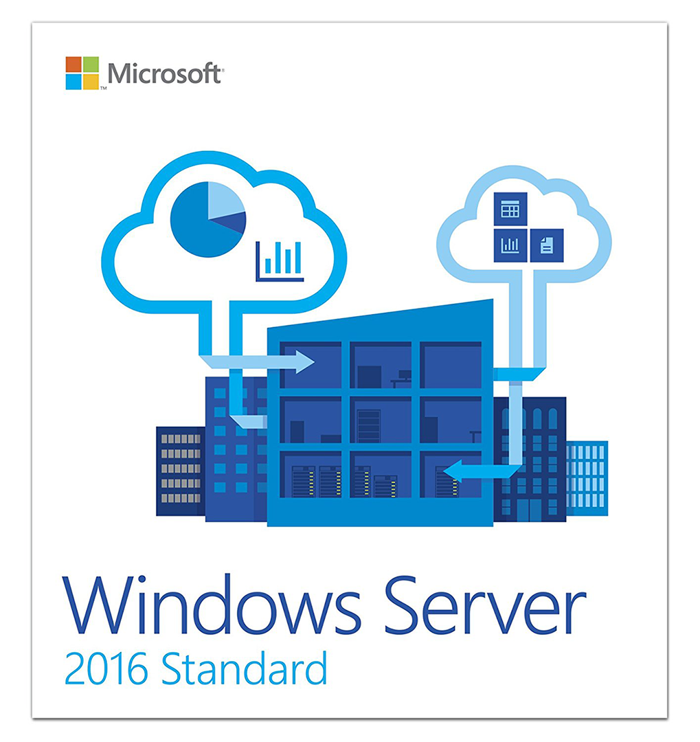 Microsoft product box art showing cloud analytics and server racks for Windows Server 2016 Standard 16 core license