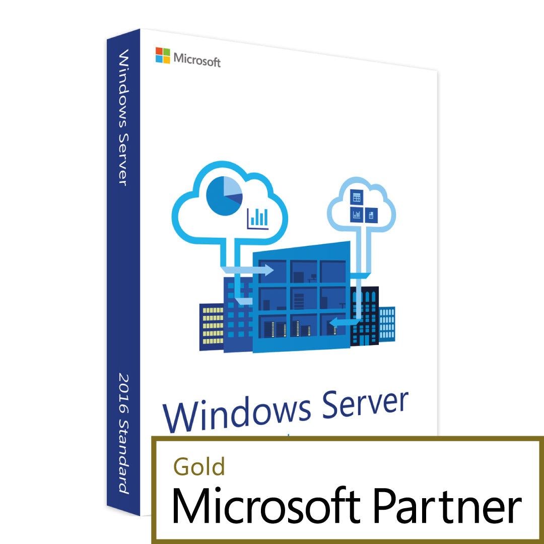 Microsoft Windows Server 2016 Standard 16 core license box with cloud server graphics and Gold Microsoft Partner badge