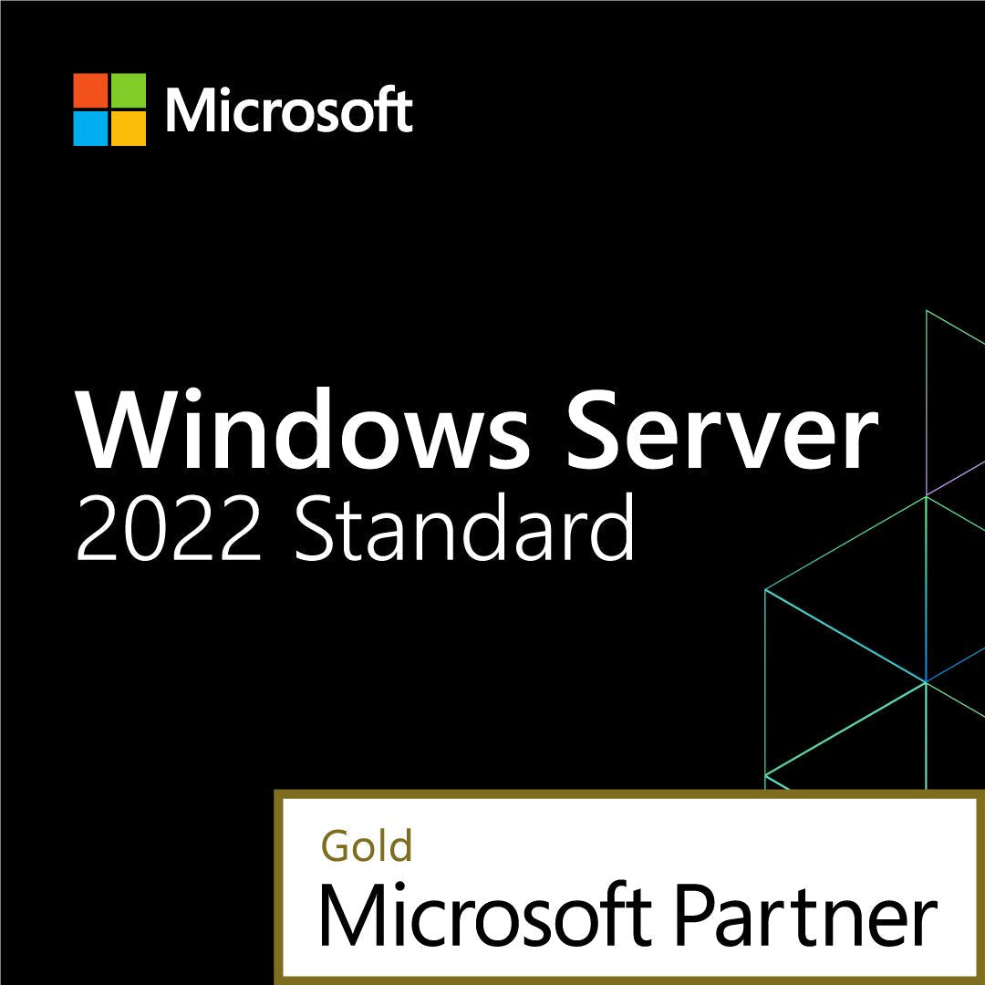Windows Server 2022 Standard product cover with Gold Microsoft Partner badge and Windows Server 2022 Standard 24 Core license