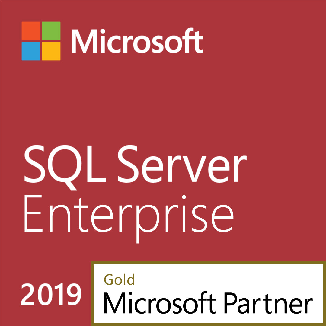 Microsoft SQL Server 2019 Enterprise license product cover with Microsoft logo red background and Gold Microsoft Partner badge