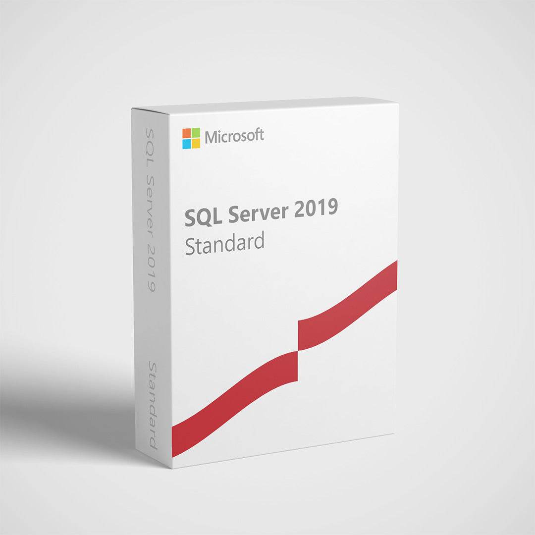 White retail box of Microsoft SQL Server 2019 Standard license showing Microsoft logo and red wave design