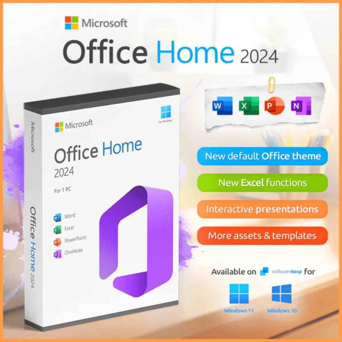 Microsoft Office 2024 Home PC boxed retail software with Word Excel PowerPoint OneNote icons and Windows 11 10 compatibility
