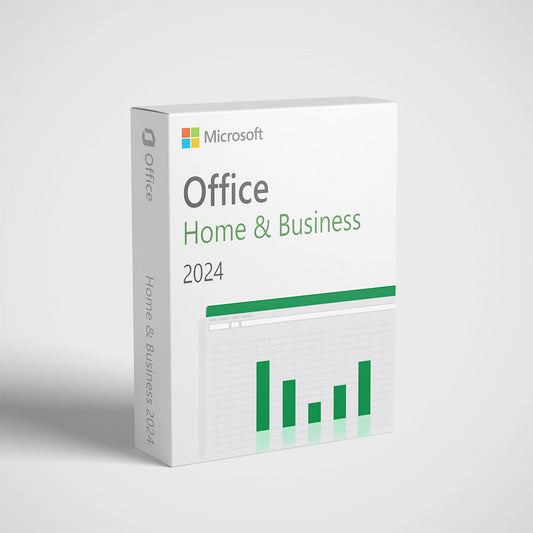Microsoft Office Home and Business 2024 software package with green chart design on box