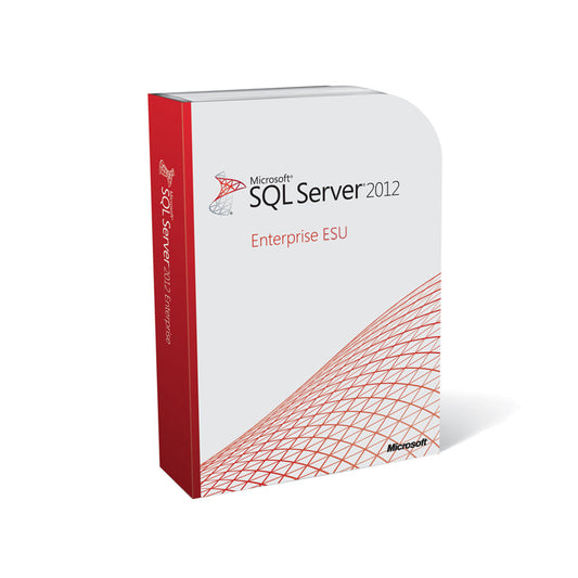 Microsoft SQL Server 2012 Enterprise ESU Year 2 software box packaging showing Enterprise ESU branding and red wave design