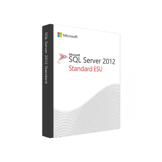 Microsoft boxed packaging for SQL Server 2012 Standard ESU Year 2 license. White box with Microsoft logo and wave design