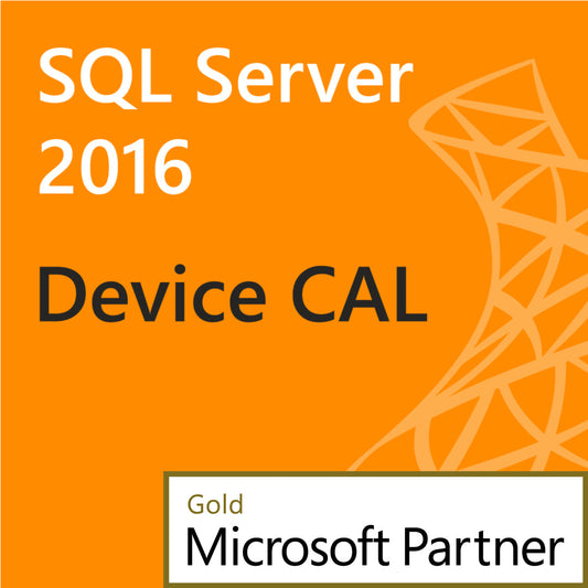 Microsoft SQL Server 2016 Device CAL product cover in orange with Device CAL text and Gold Microsoft Partner badge