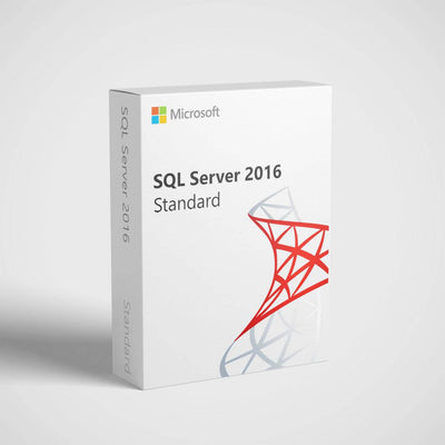 Microsoft SQL Server 2016 Standard license box featuring a modern design for database management