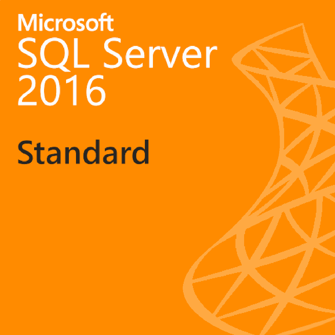 Microsoft SQL Server 2016 Standard orange product cover with Microsoft logo and abstract design SQL Server 2016 Standard license