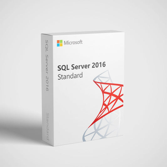Microsoft SQL Server 2016 Standard software box with red network ribbon logo and SQL Server 2016 Standard license.