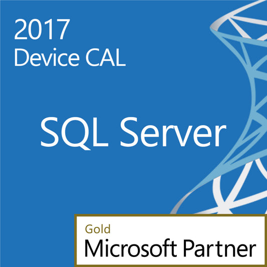 Microsoft SQL Server 2017 Device CALs product cover blue box with SQL Server text and Microsoft Partner badge