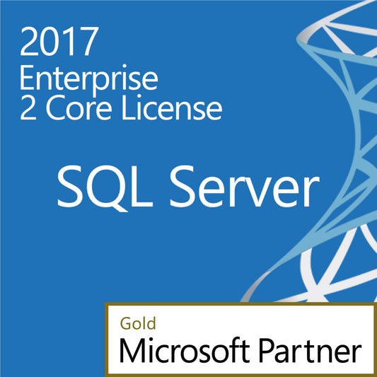 Blue Microsoft product box showing SQL Server 2017 Enterprise 2 core license and Microsoft Partner Gold badge