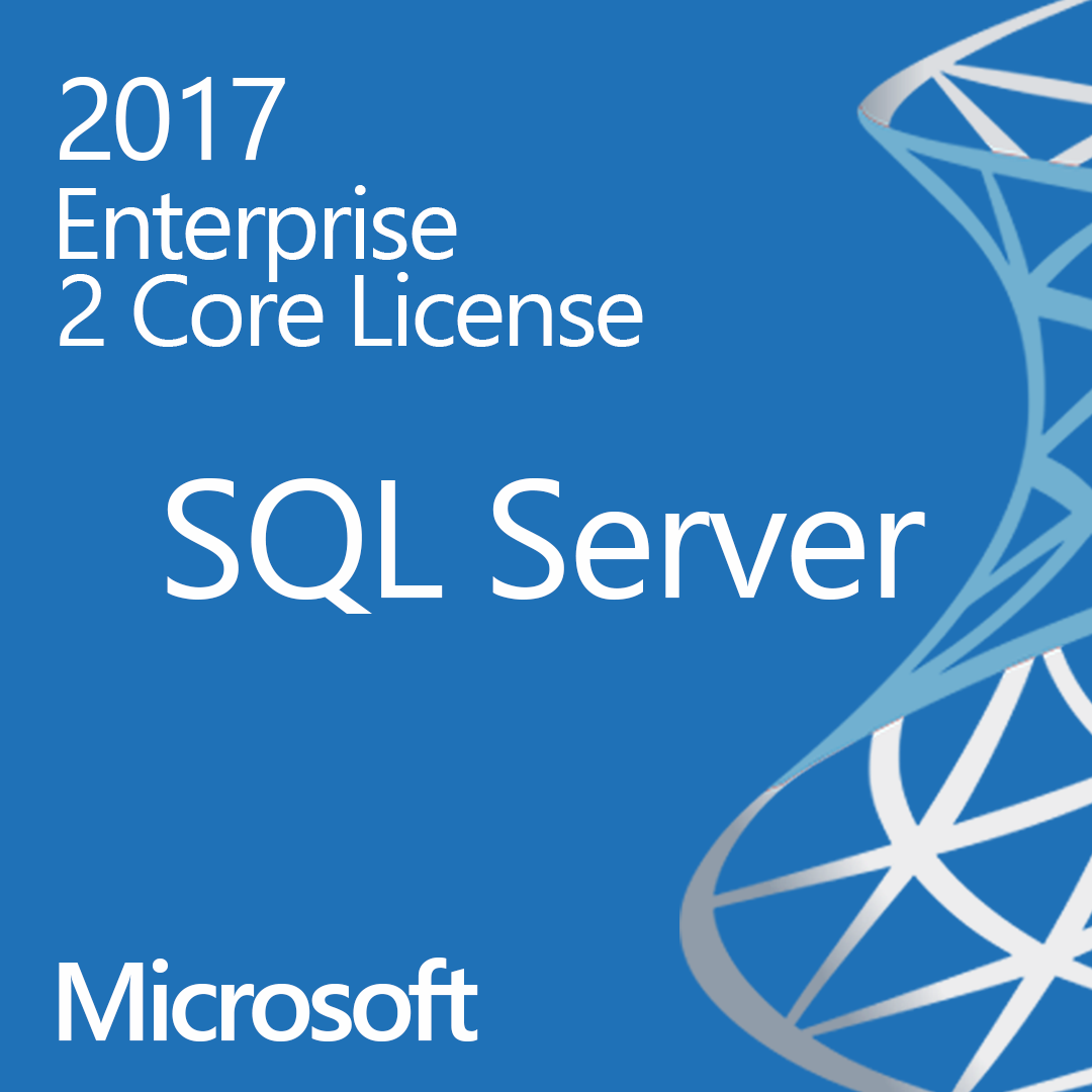 Microsoft SQL Server 2017 Enterprise 2 core license product cover with blue background and Microsoft logo