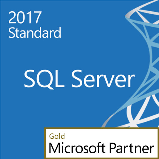 Microsoft SQL Server 2017 Standard box art with Gold Microsoft Partner badge and SQL Server 2017 Standard license