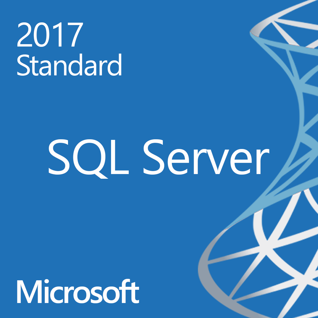 Microsoft product cover showing SQL Server 2017 Standard with logo and database graphic SQL Server 2017 Standard license.