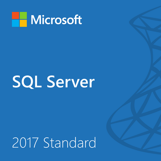 Microsoft SQL Server 2017 Standard box cover with blue branding and Microsoft logo SQL Server 2017 Standard license