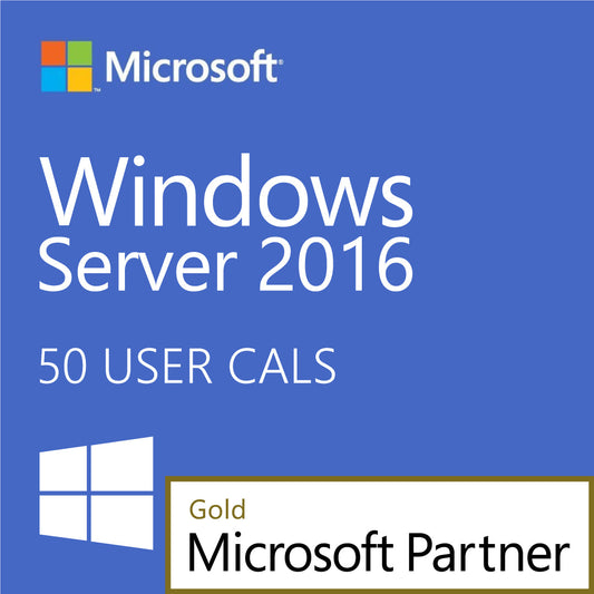 Microsoft Windows Server 2016 50 User CALs product cover with Microsoft logo and Gold Microsoft Partner badge