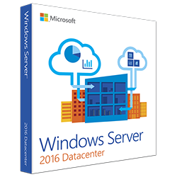 Microsoft product box with cloud icons and building illustration for Windows Server 2016 Datacenter license