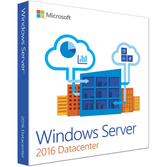 Microsoft box with cloud and server icons for Windows Server 2016 Datacenter license