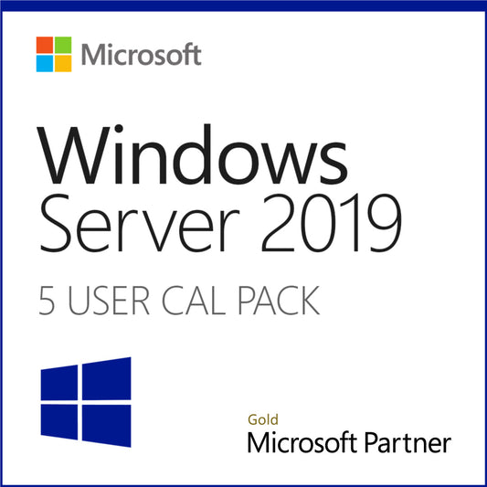 Microsoft product box image for Windows Server 2019 5 User CAL showing Windows logo and Partner Gold badge